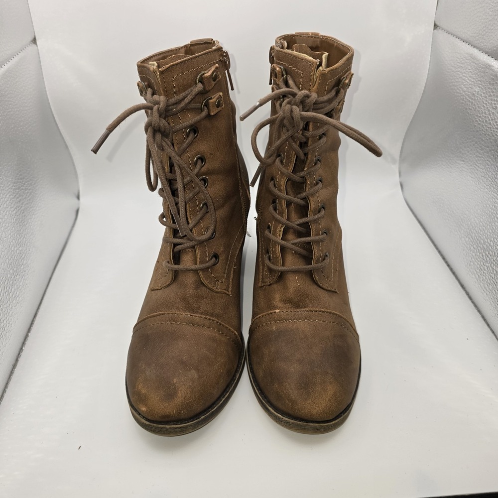Madden Girl Combat Army Boots Womens 8.5M Westmont Brown Lace Up Heels Side Zip - Picture 3 of 7